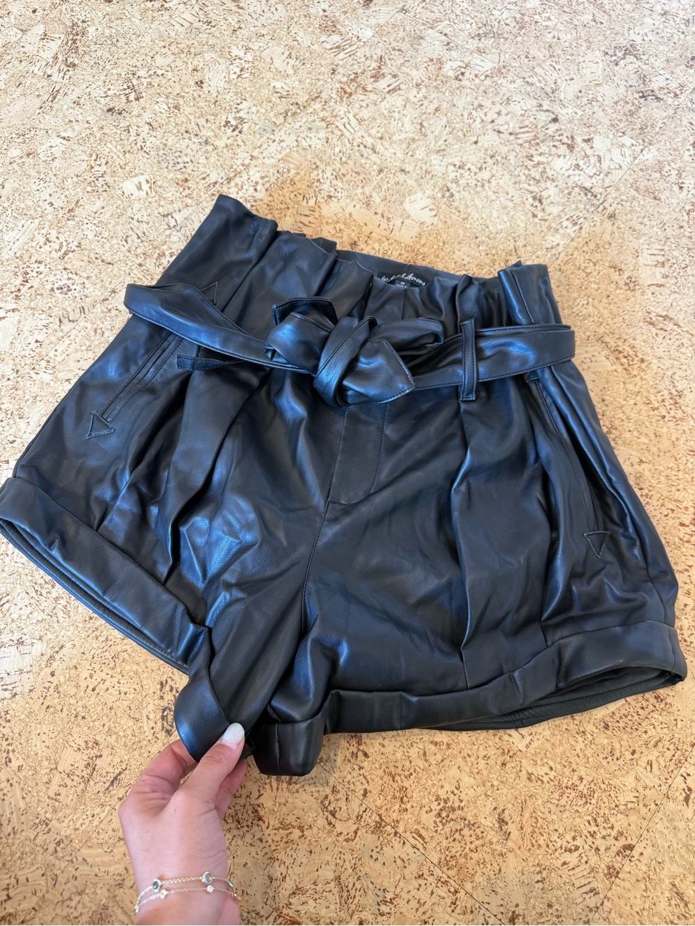 For Love & Lemons Black High-Waist Faux Leather Paperbag Shorts with Belt